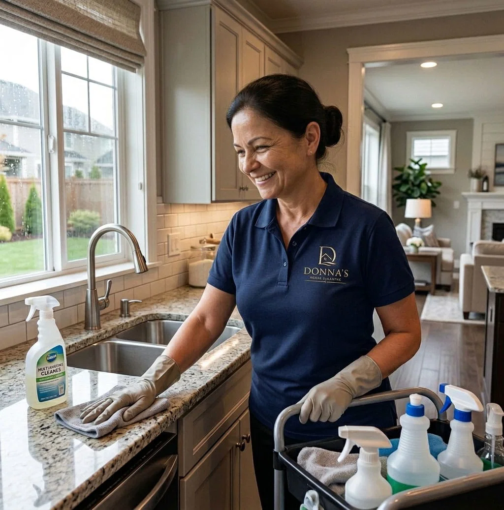 Professional house cleaner from Donnas House Cleaning service working in Castro Valley home